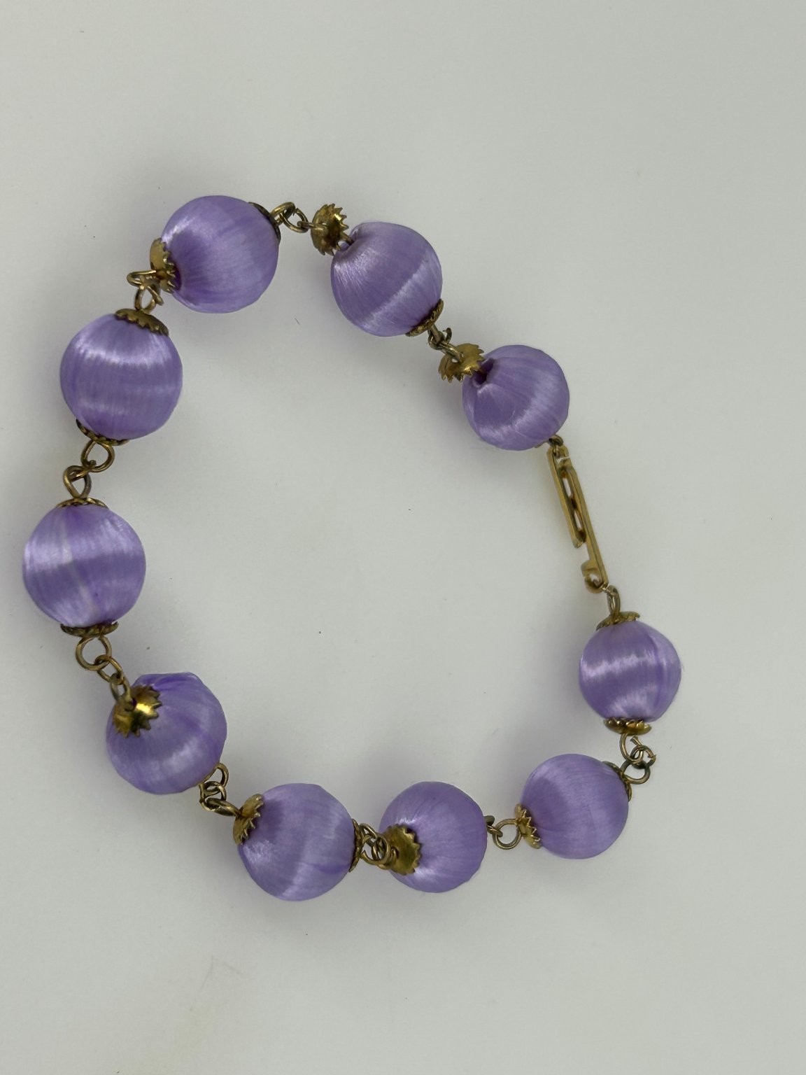 Vintage Purple Satin Ball Bracelet Gold Tone Links