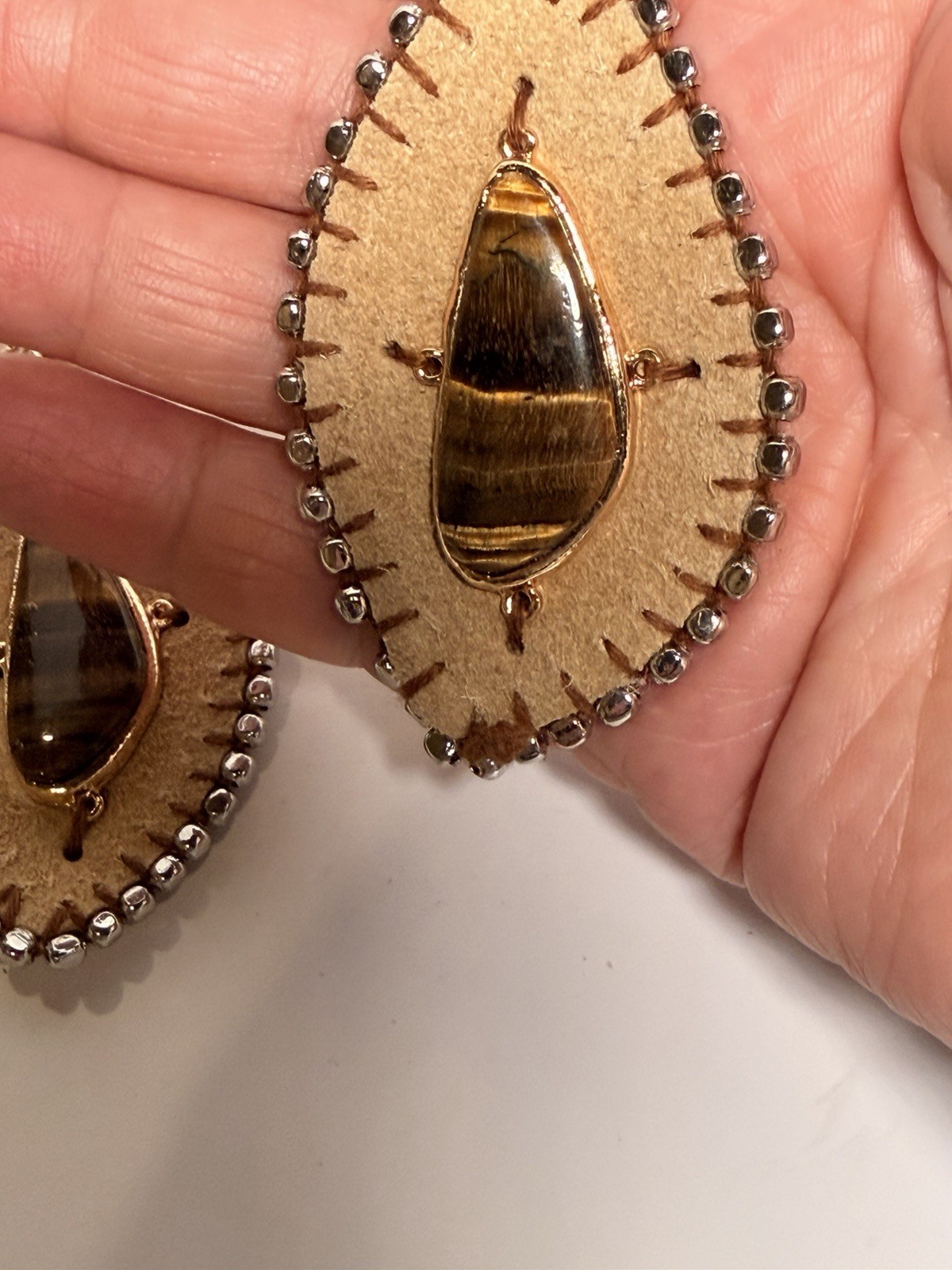 Free People Hettie Dangle Earrings Gold Tone Bohemian Boho Hippie Leather /Stone