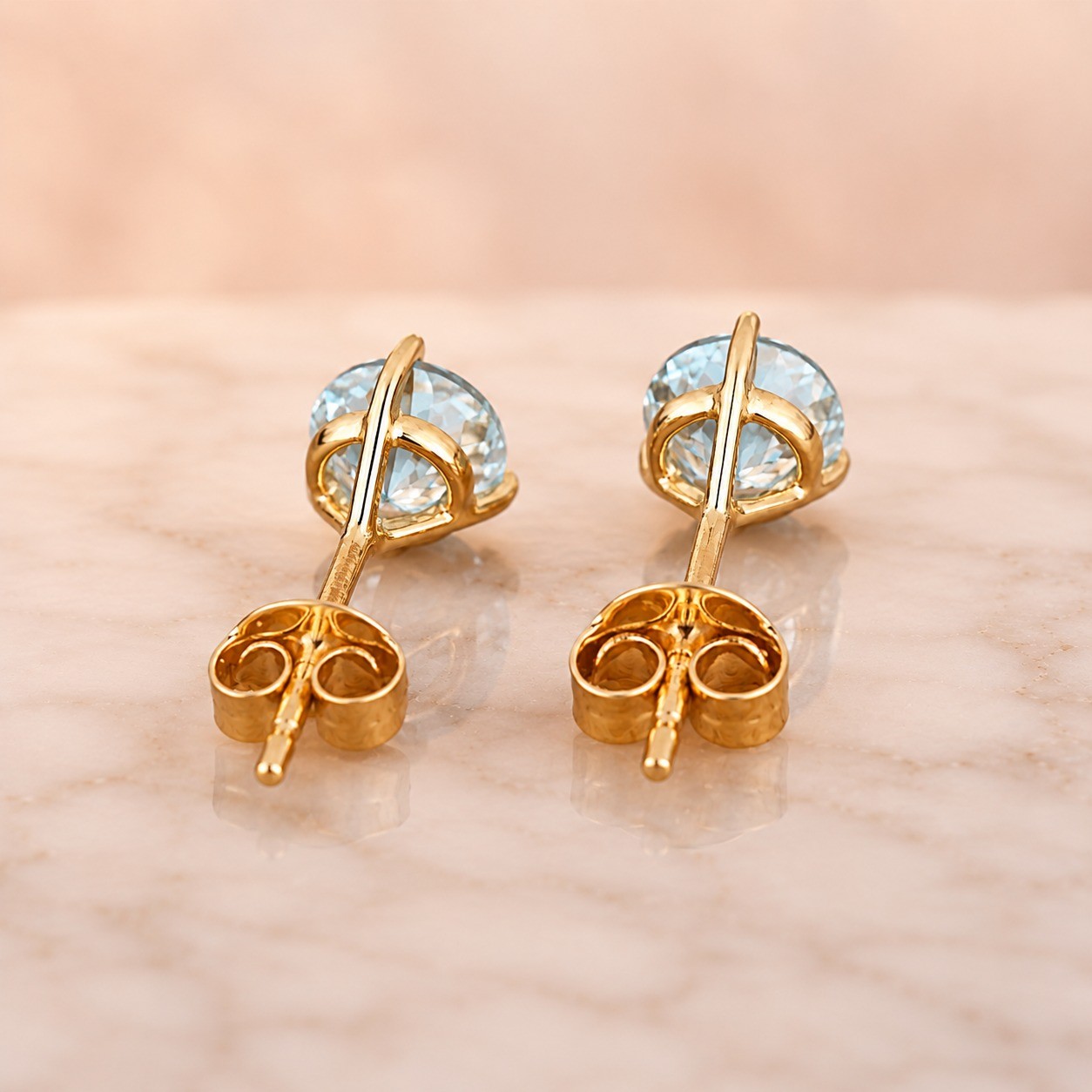 2Ctw Round Aquamarine Stud Earrings 14K Yellow Gold 3-Prong Push Back