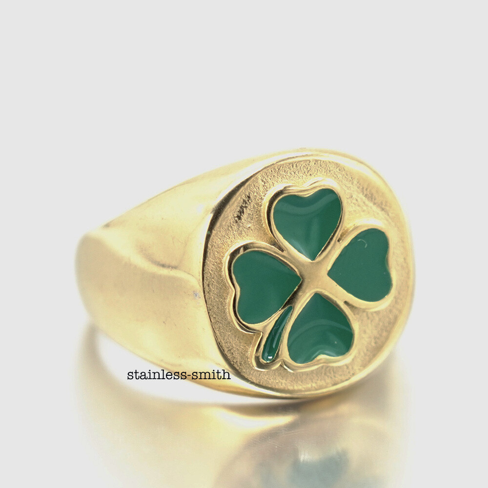 Mens Womens Irish Four 4 Leaf Clover Ring Gold Stainless Steel Size 6 7 9 10-12