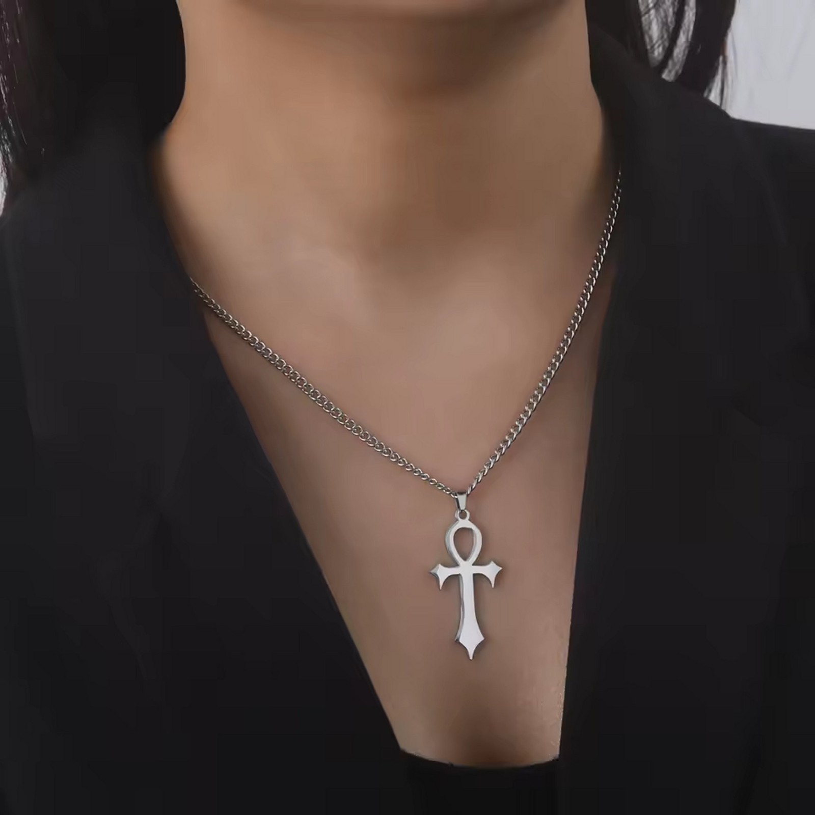 Gothic-Style Ankh Necklace Silver 316L Stainless Steel Egyptian Cross Pendant