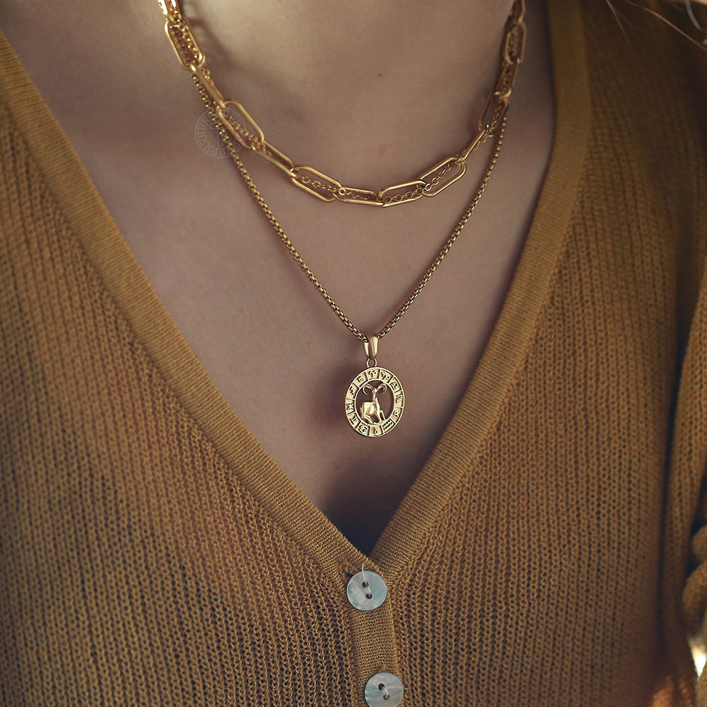 Yellow Gold Plated Stainless Steel 12 Zodiac Sign Pendant Necklace 18-22″ Chain