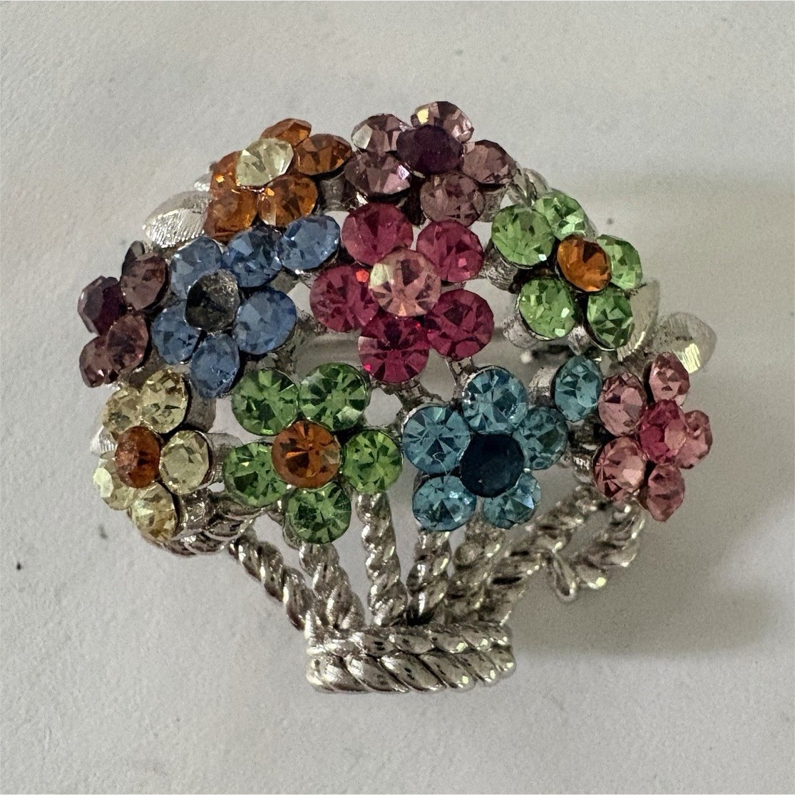 Silver Tone Multicolor Rhinestone Flower Basket Brooch Pin, Cluster Set