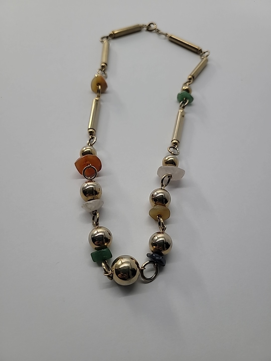 Vintage Gold Tone Beaded Necklace Mixed Stone Chips Bar Link Statement Jewelry