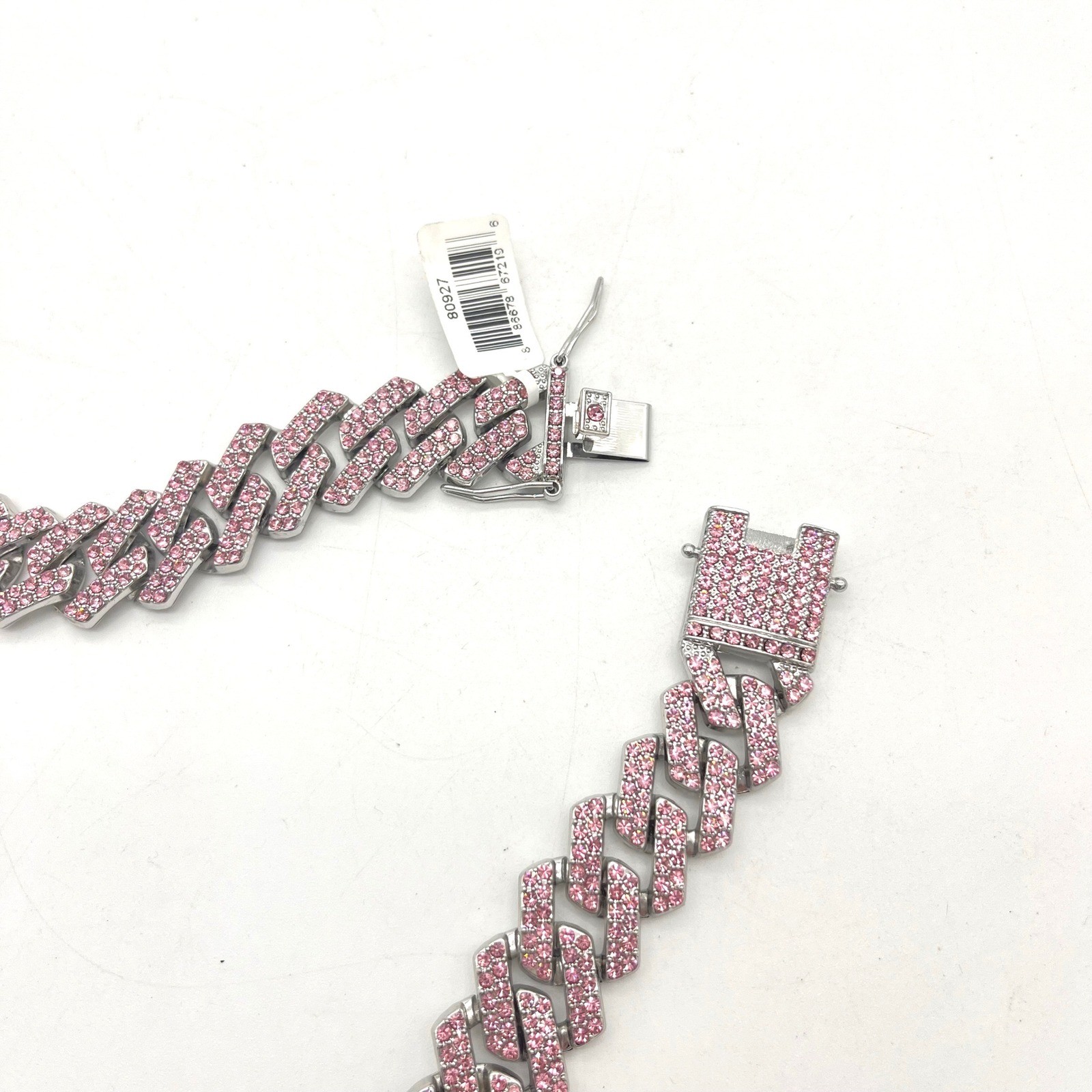 Invicta Pink Crystal Iced Out Cuban Link Chain Necklace Silver Tone 22 Inch