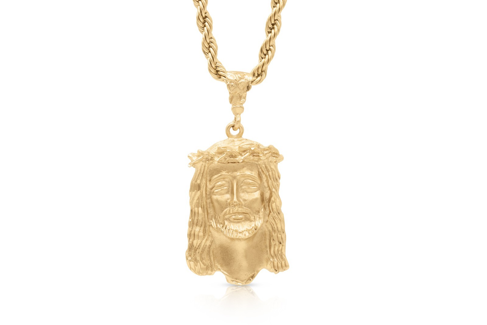 Large Gold Jesus Necklace For Men, 14K Heavy Plated Gold 5mm Rope Chain, No Fade