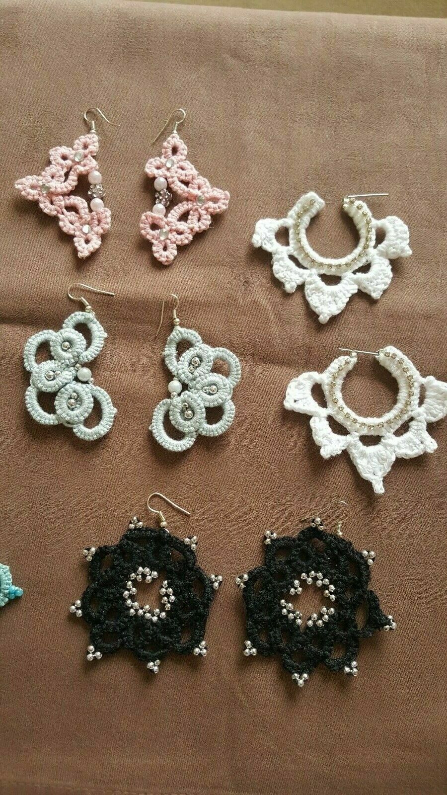 Crochet tatting earrings handmade pink blue orange black white classic boho
