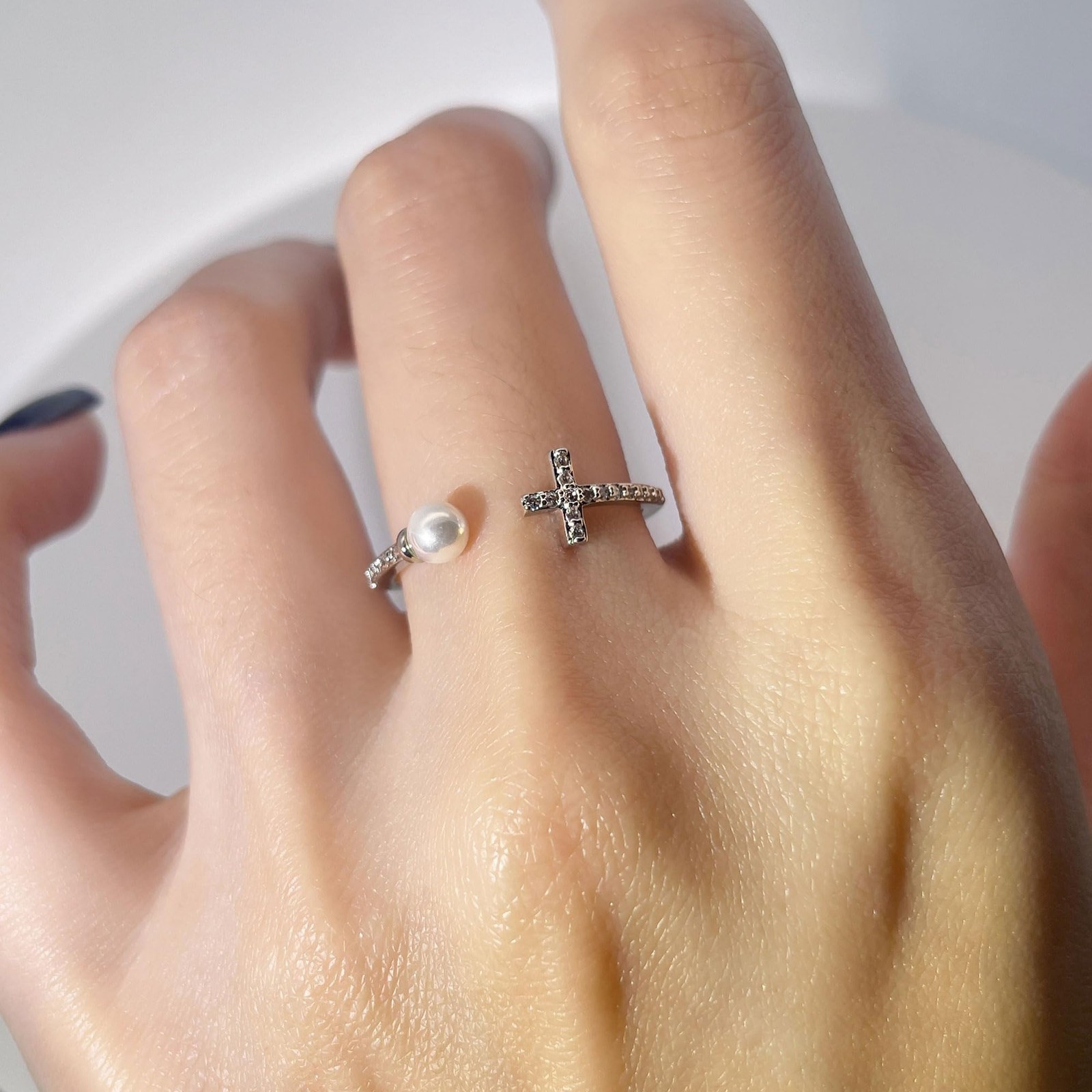18K Gold Cross & Pearl Promise Ring – Adjustable, Stackable Gift for Her