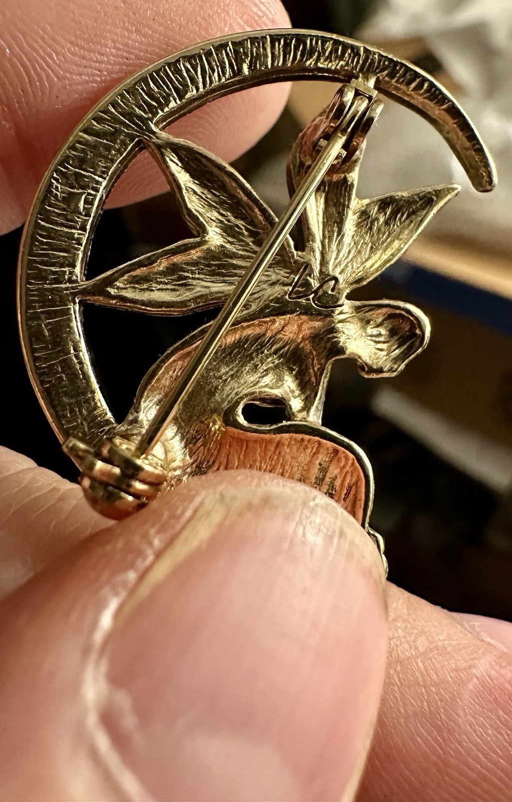 Vintage Liz Claiborne Brooch of fairy with enamel wings, crystal-crescent moon