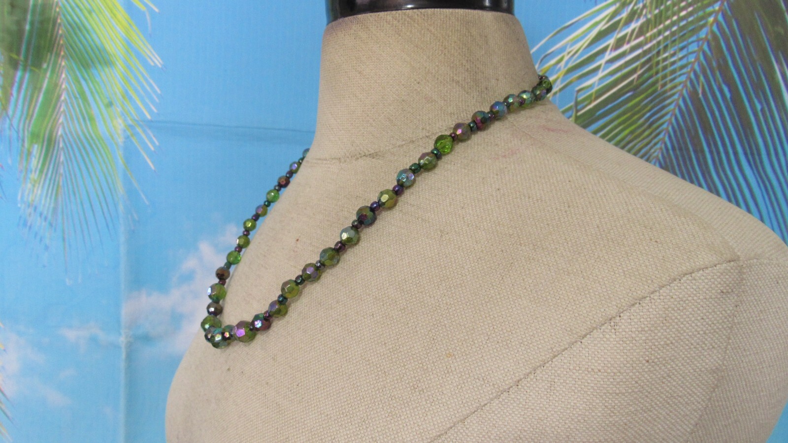 Necklace with a Strand of Green Based & Multicolor Small & Big Beads 23″