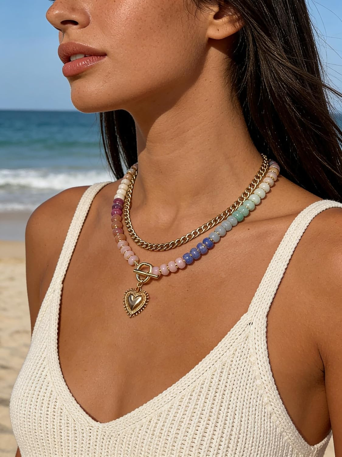 Layered Necklaces for Women, 14K Gold Plated Heart Pendant & Colorful Acrylic Be