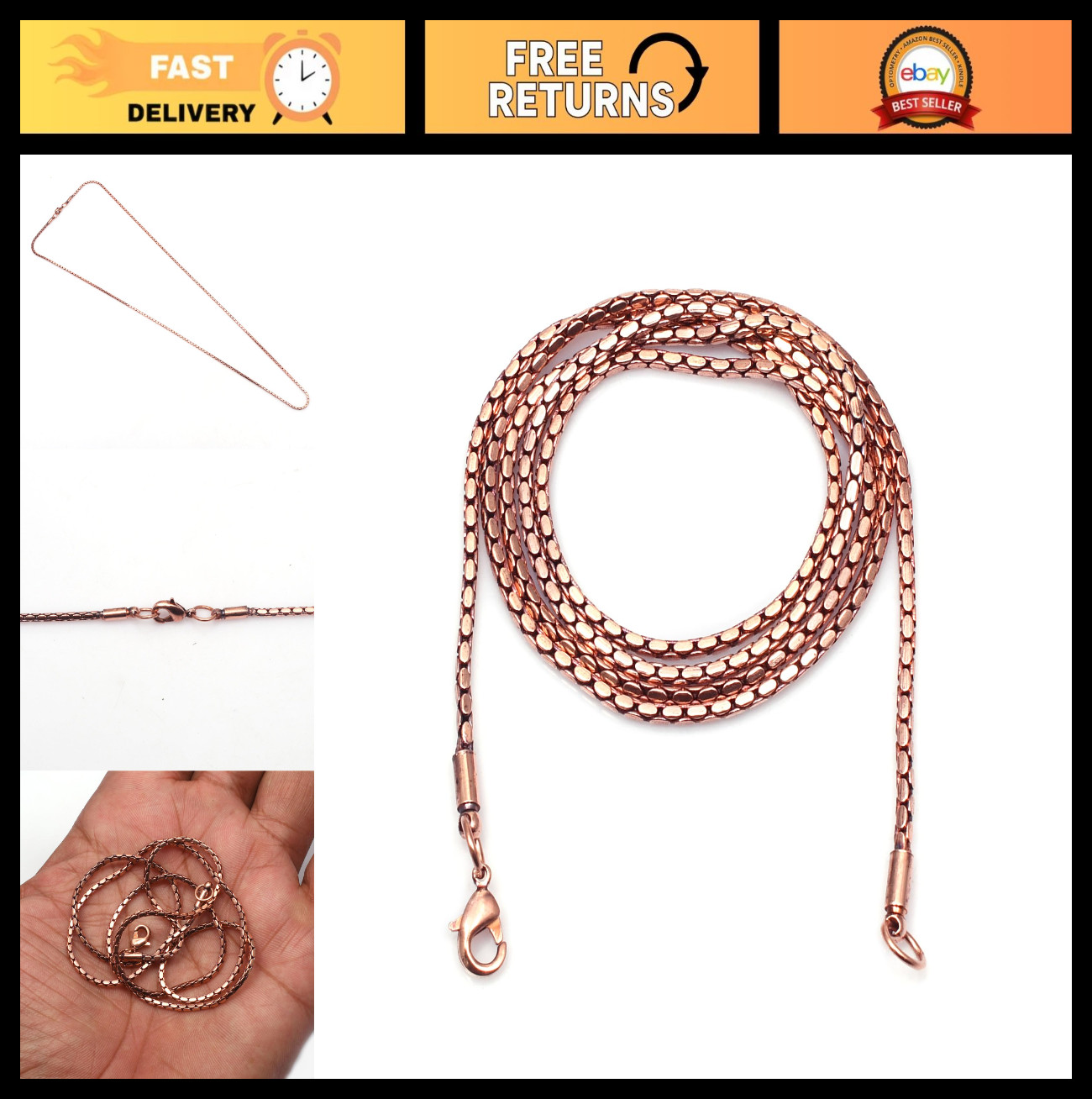 100% Pure Copper Box Chain Necklace for Pendants, Herringbone Design, Eco-Friend