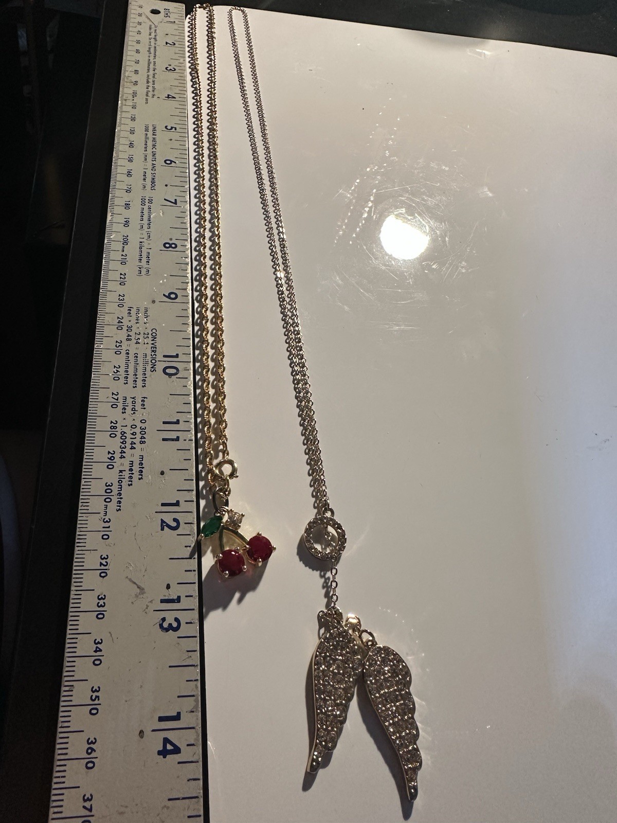 Lot of 2 Crystal Rhinestone Angel Wing Pendant Necklaces, Silver & Gold Tone