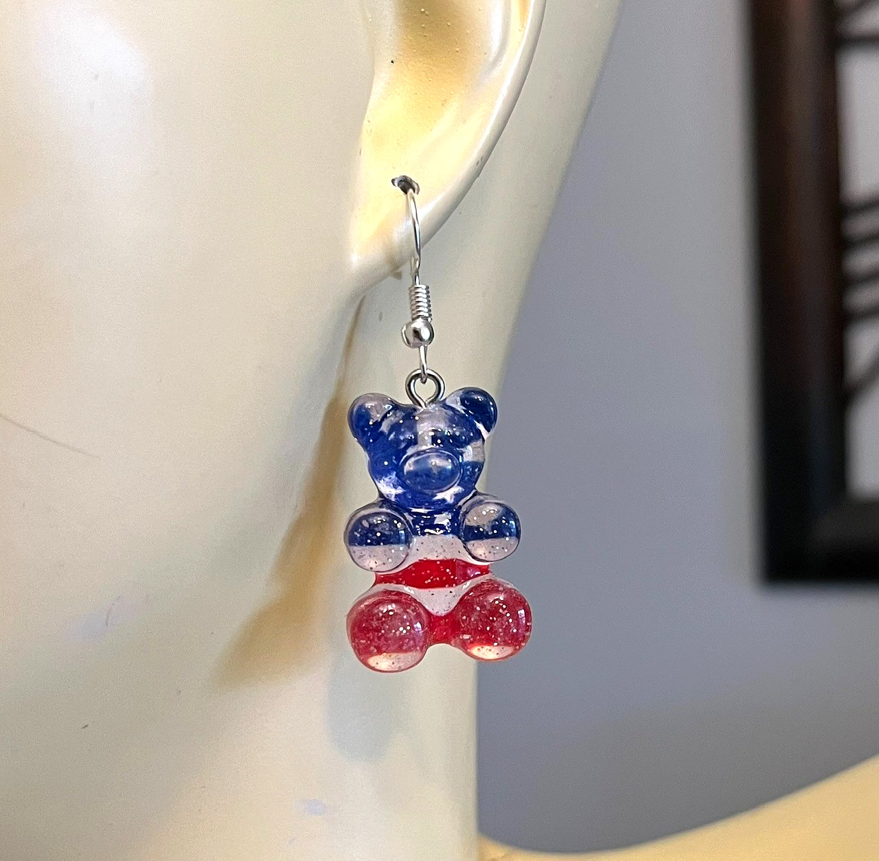 Patriotic American Flag Gummy Bear Teddy Bear Earrings 4th July Red White & Blue