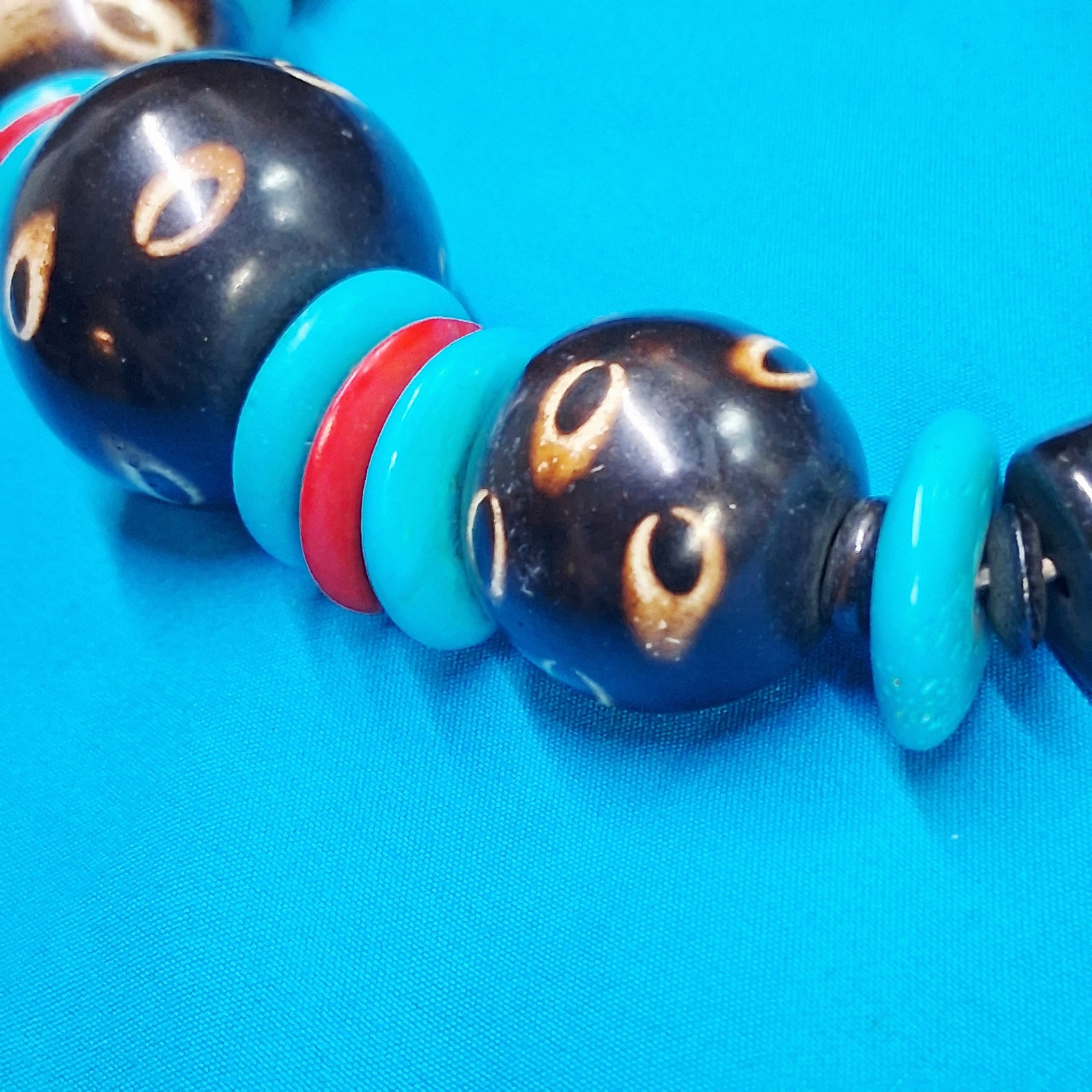 Vintage Channel Set Wood Bead Dotted Design Statement Necklace
