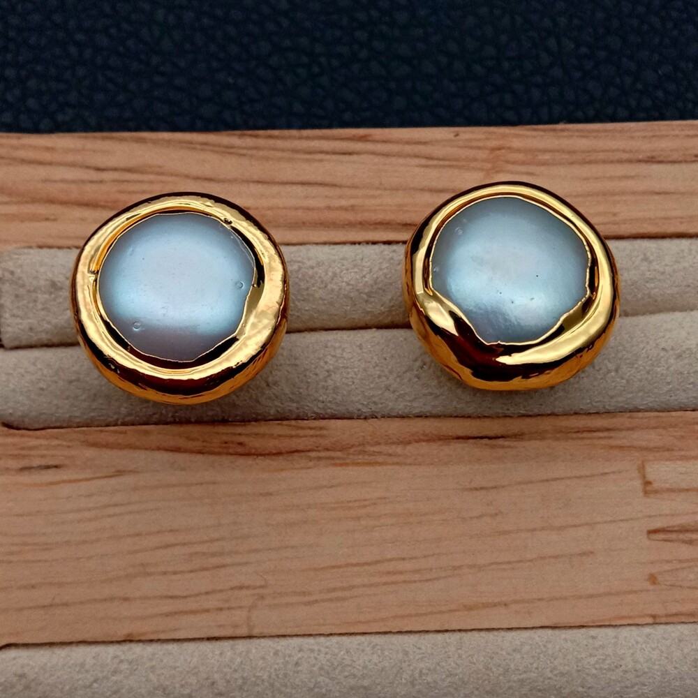 Freshwater White Coin Pearl Bezel Gold Plated Stud Earrings