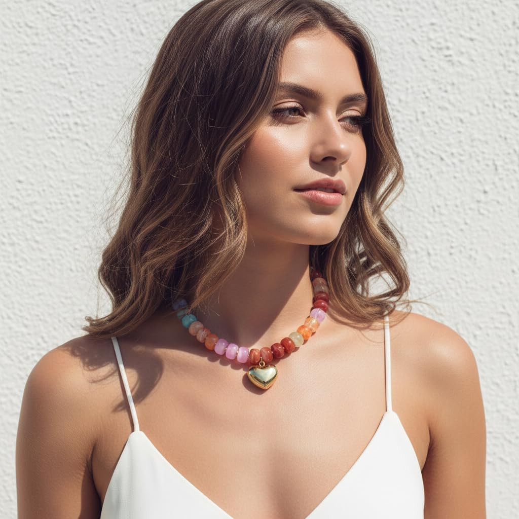 Chunky Heart Necklace for Women, Colorful Acrylic Beaded Statement Puff Heart Ne