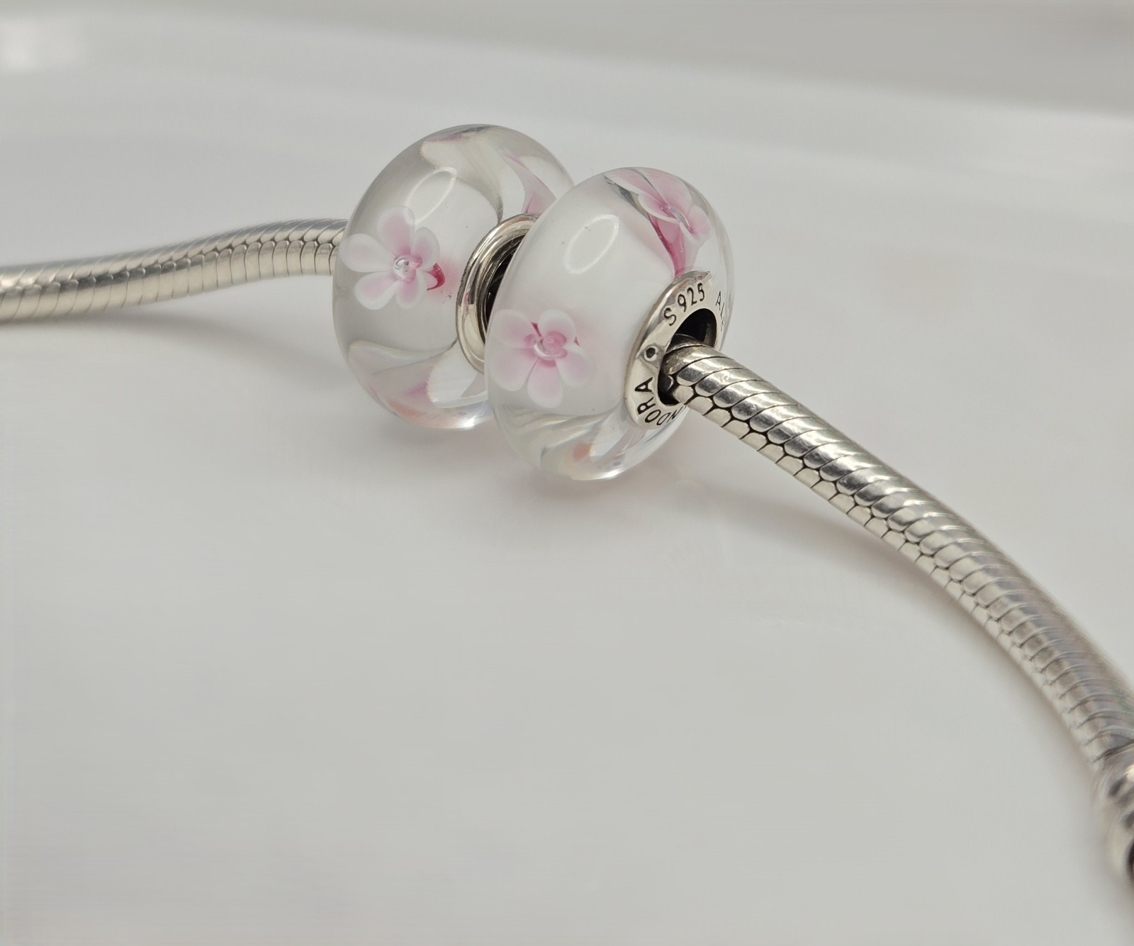 Authentic Pandora Pair of Japanese cherry blossom flowers Charms Murano Glass