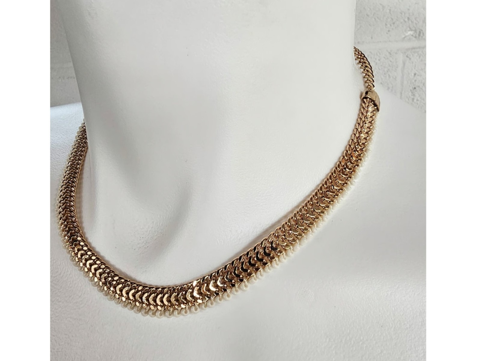 Elegant Gold-Tone Chevron Chain Necklace & Bracelet Set with White Seed Beads