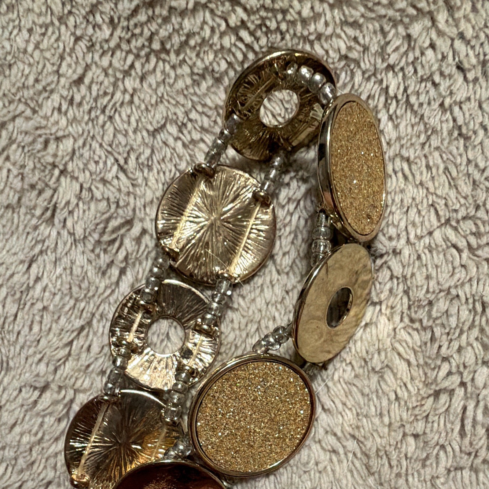 Gold Tone Stretch Adjustable Bracelet Round Textured Disc Links Dangle Charm