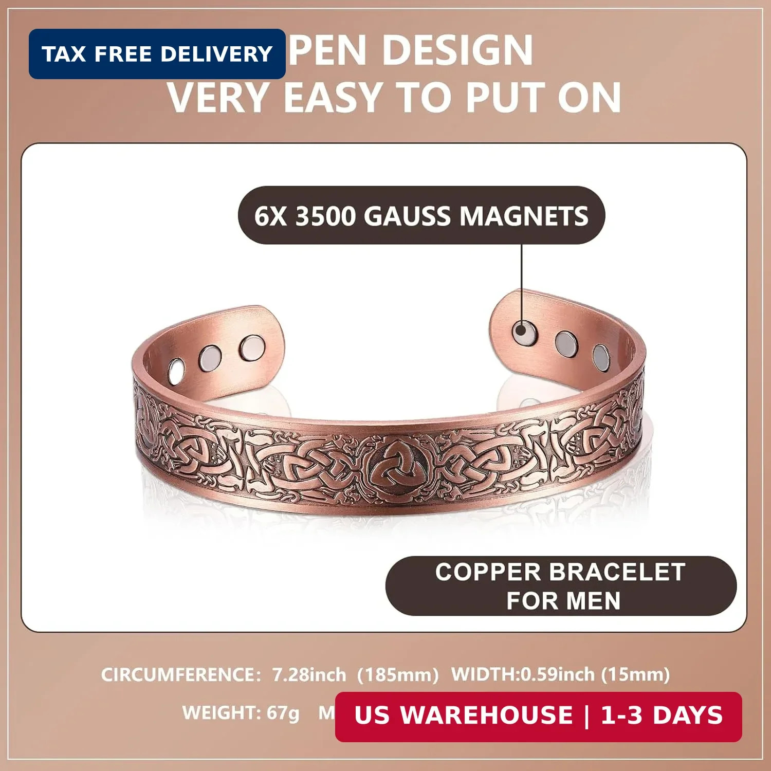 Copper Bracelet for Men 99.9% Pure Copper Magnetic Bangle with 6pcs 3500 Gauss M