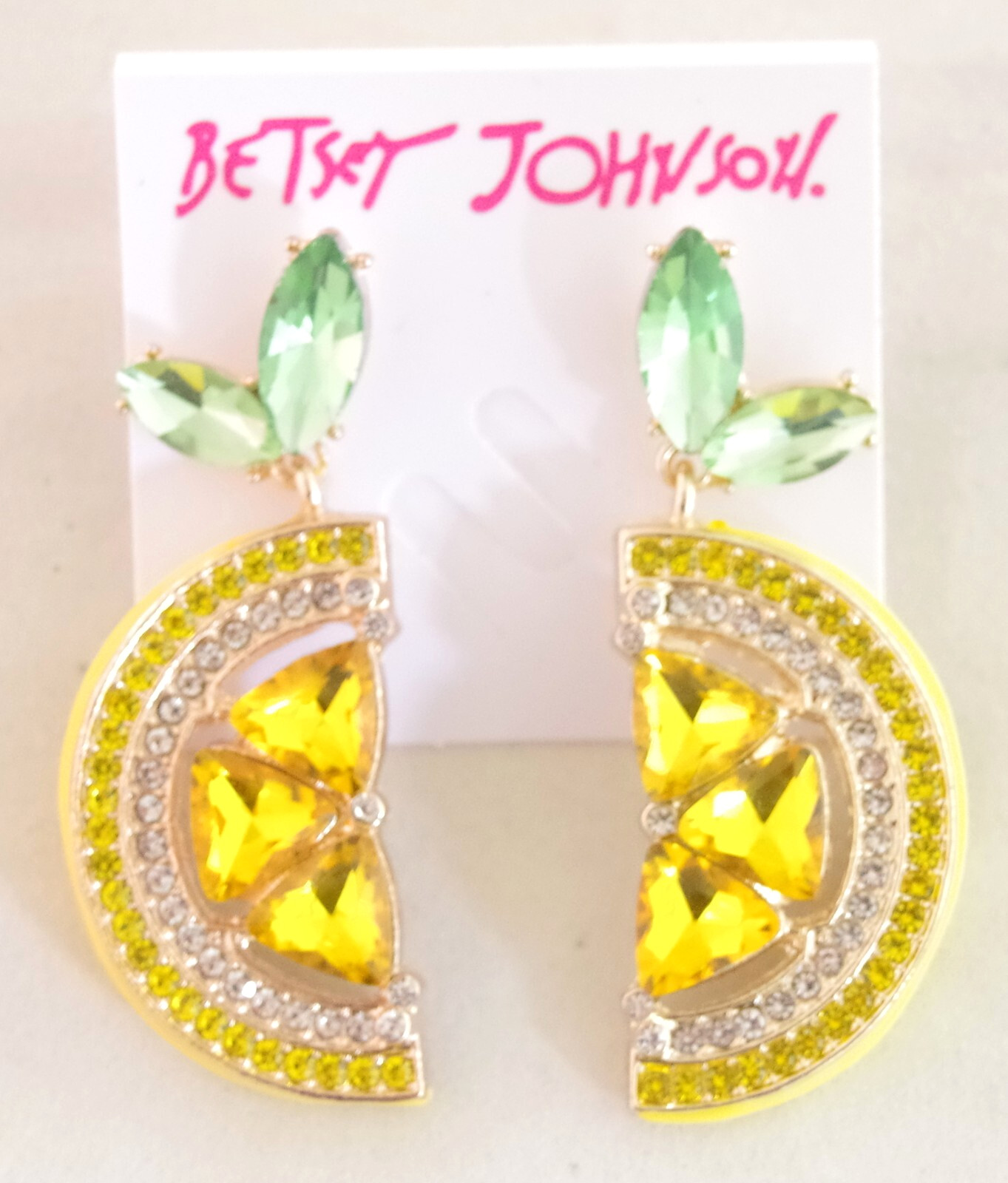 2.25″ BETSEY JOHNSON LEMON SLICE FRUIT CRYSTAL RHINESTONE DROP DANGLE EARRINGS