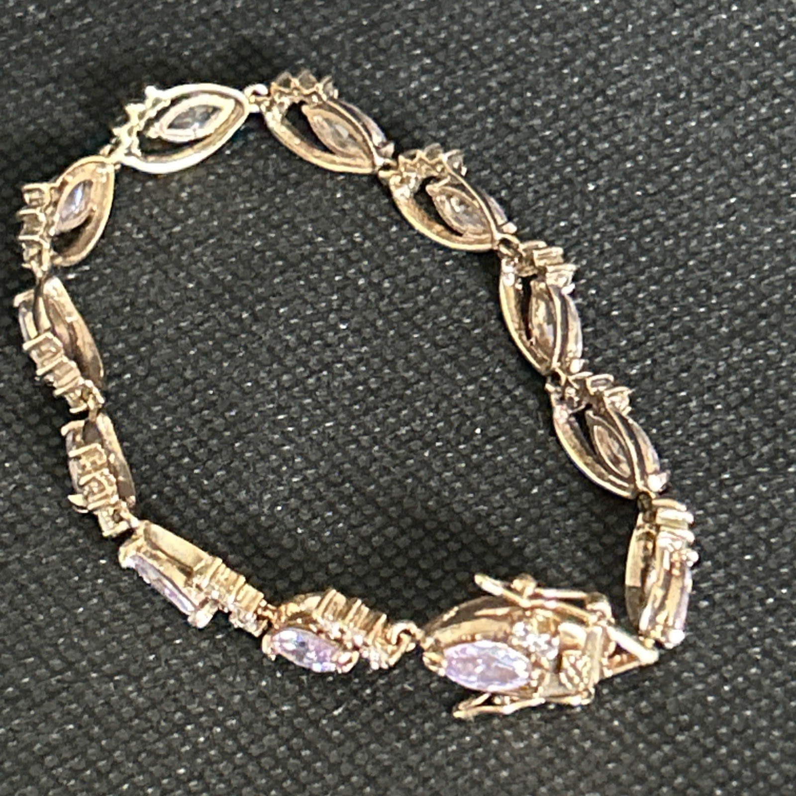 Gold Tone Brass Simulated Amethyst Marquise Rhinestone Tennis Bracelet 7 Inch