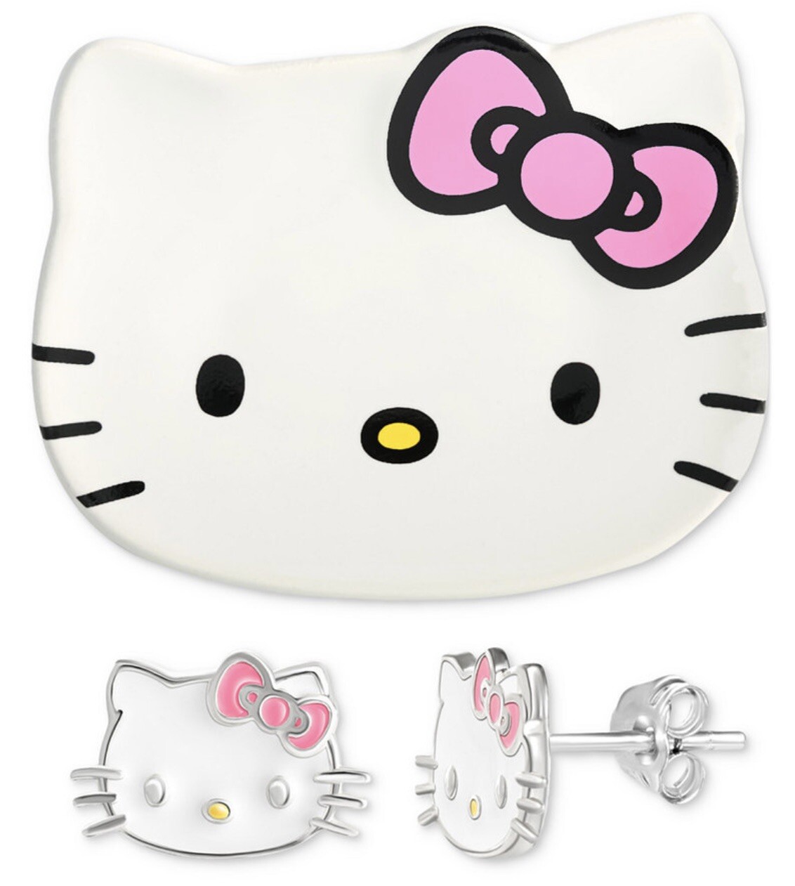 NIB Hello Kitty Enamel Stud Earrings Sterling Silver & Ceramic Trinket Dish