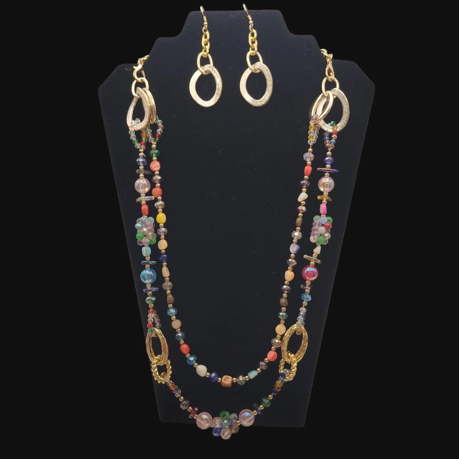 Necklace Earrings Multicolor 28″ Beads Varies Goldtone Lightweight Spring