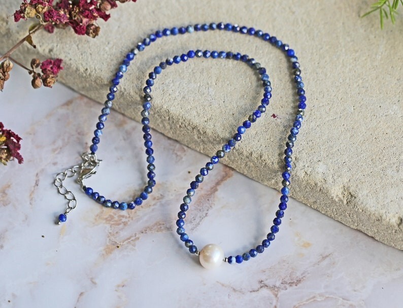 Pearl & Lapis Lazuli Faceted Round Gemstone Beads Handmade Necklaces 24” Women