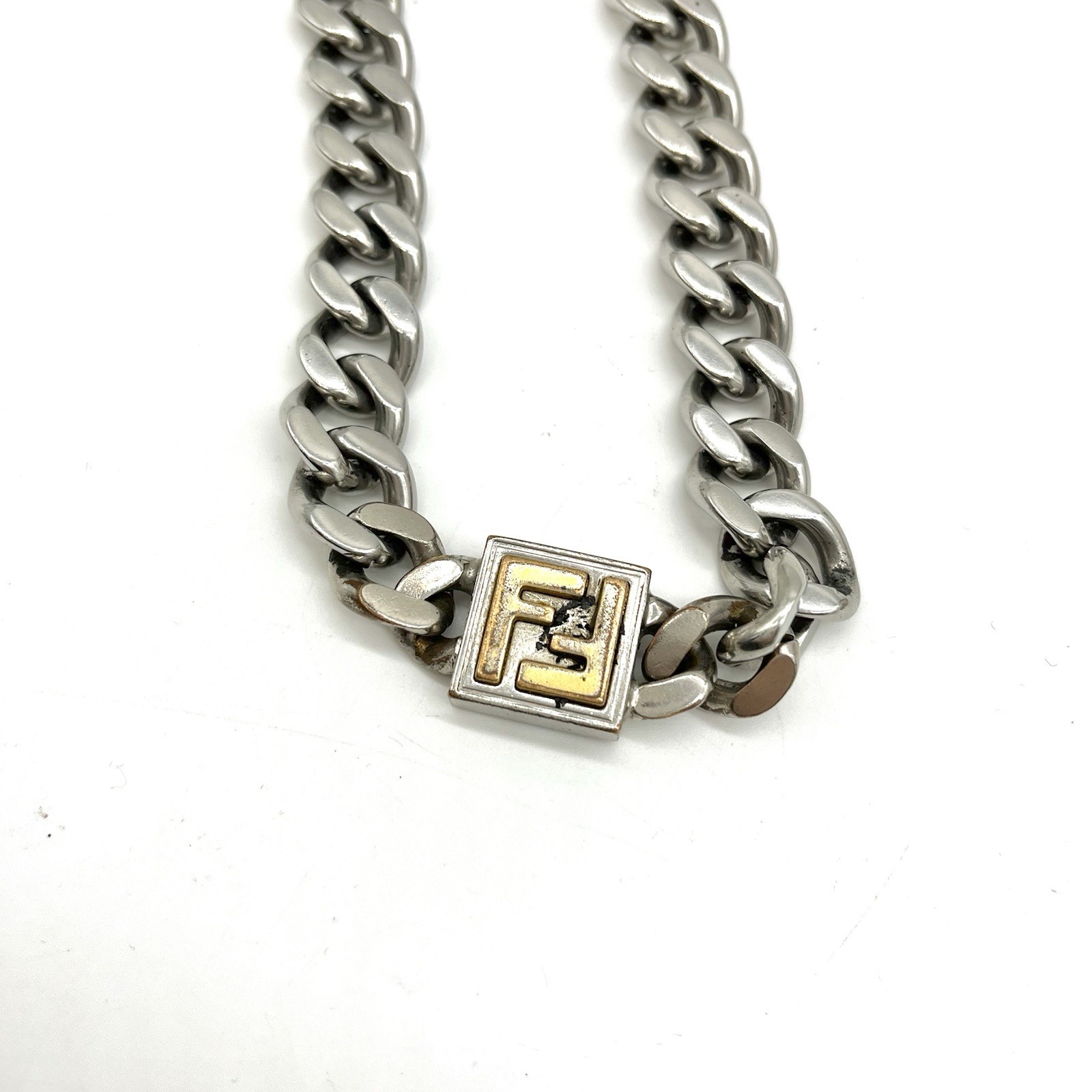 Auth Fendi FF Logo Curb Chain Necklace Men’s 50cm – Palladium Plated 2Y3097