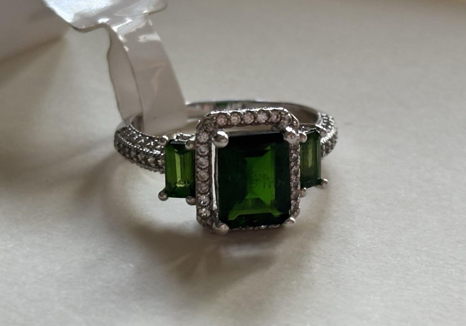 925 Silver Russian Chrome Diopside Emerald Cut Halo Cocktail Ring Prong Set Sz 6